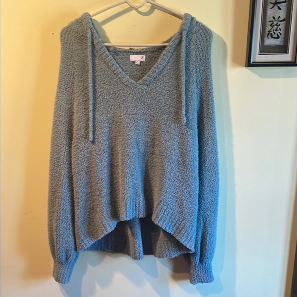 Cozy Sage Green V-Neck Hooded Sweater